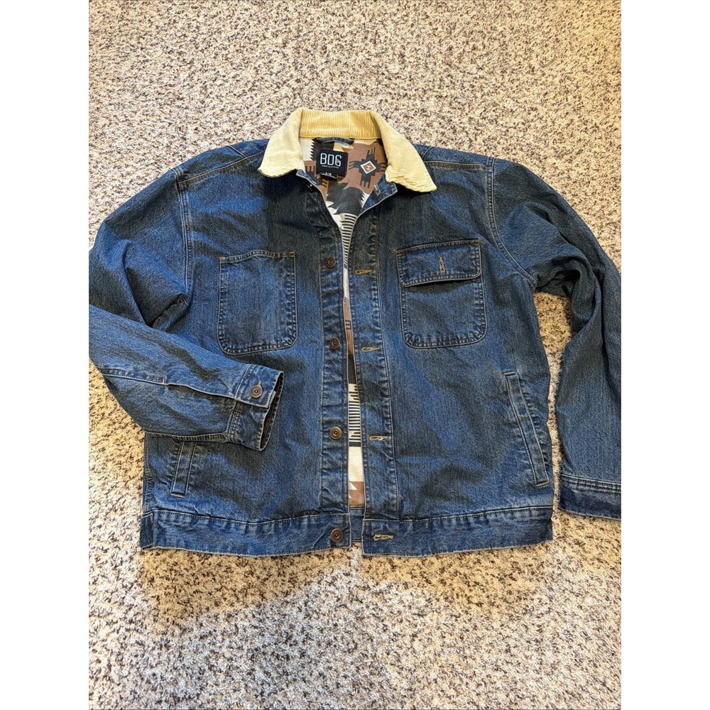 BDG Jacket Mens Large Blue Denim Corduroy Collar Aztec Lined Western Pockets